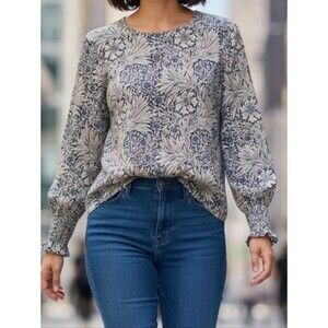 Morris & Co x H&M Blue & White Botanical Floral Print Long-Sleeve Blouse Size 8